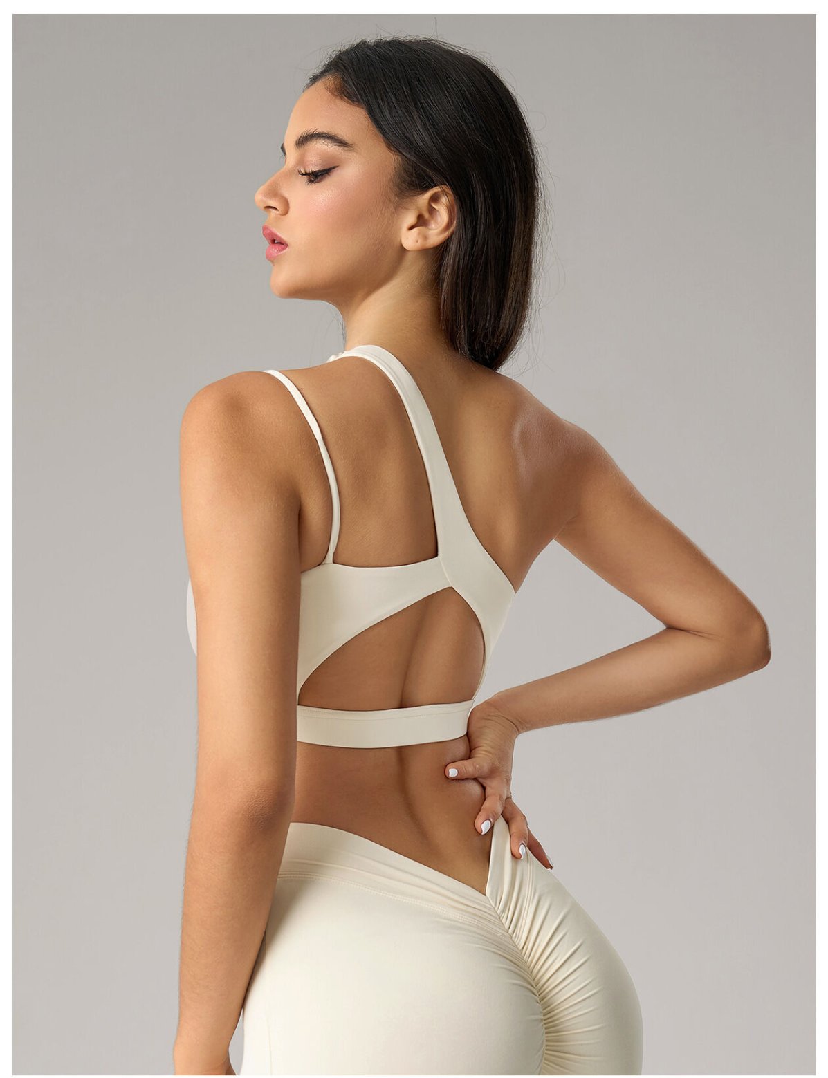 Side profile of supportive yoga exercise bra