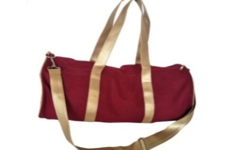 Side view of canvas duffel bag with corporate logo