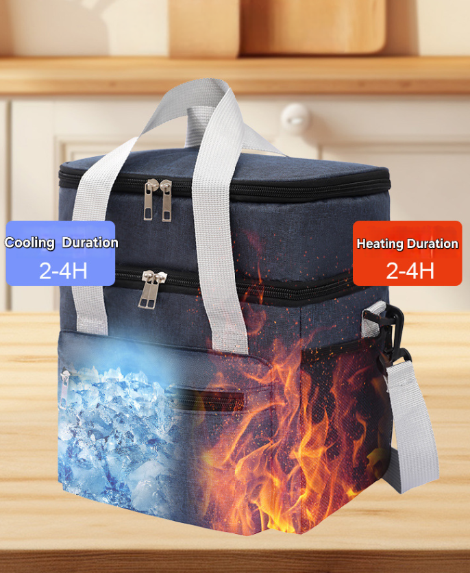 Side view of insulated tote bag showing handles