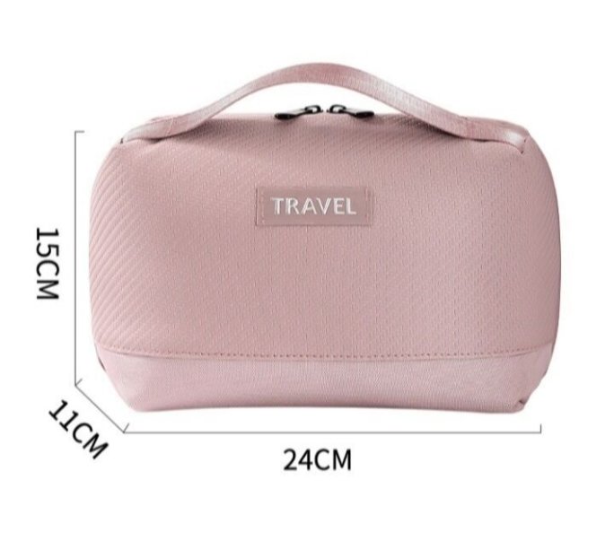 Cosmetic bag in use during travel, demonstrating its portability and convenience