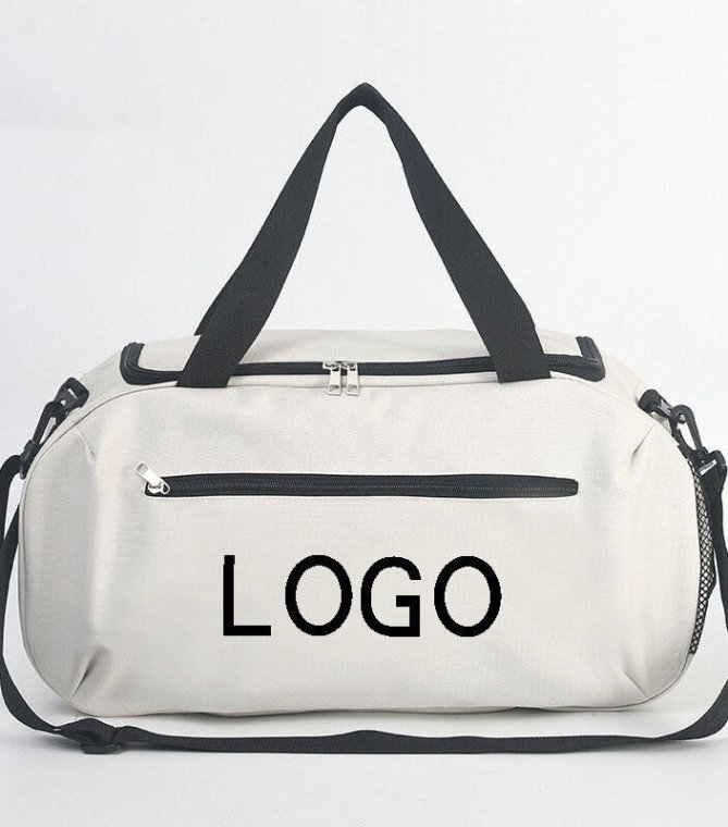 Side view of duffle bag, highlighting its carrying handles and zips