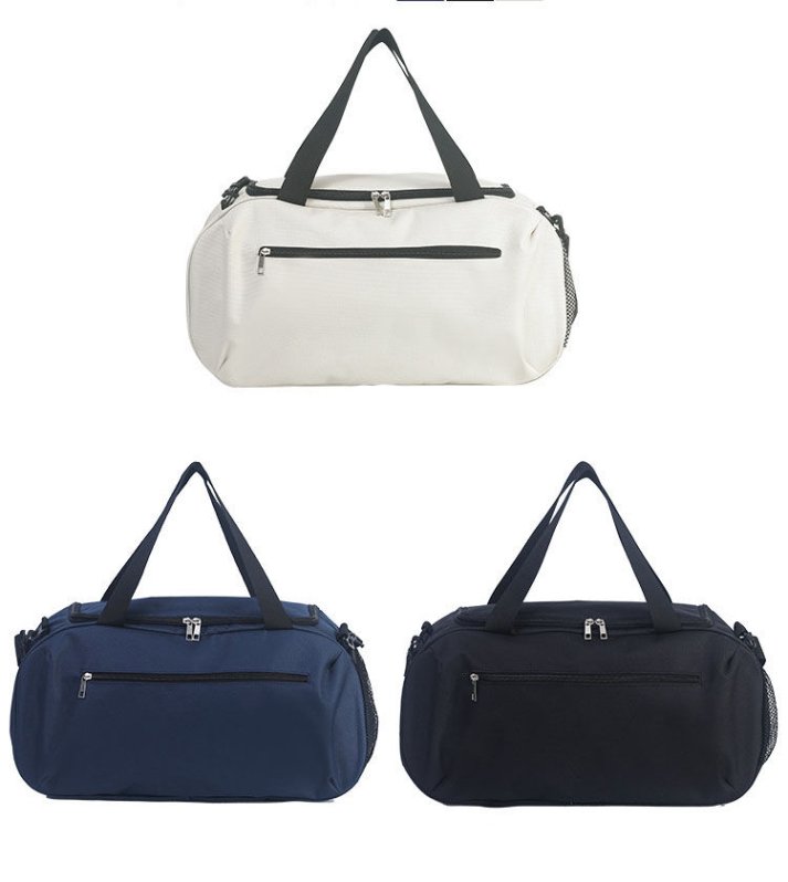 Front view of duffle bag, displaying its logo and pocket details
