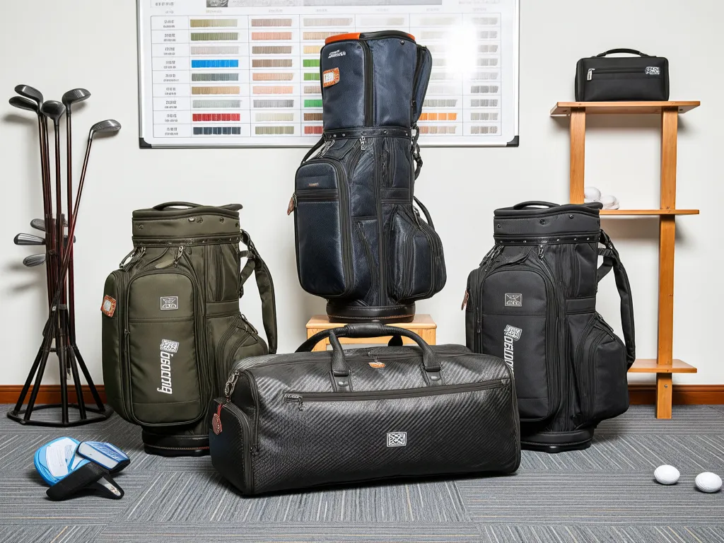 Assorted golf travel bags displayed in a room