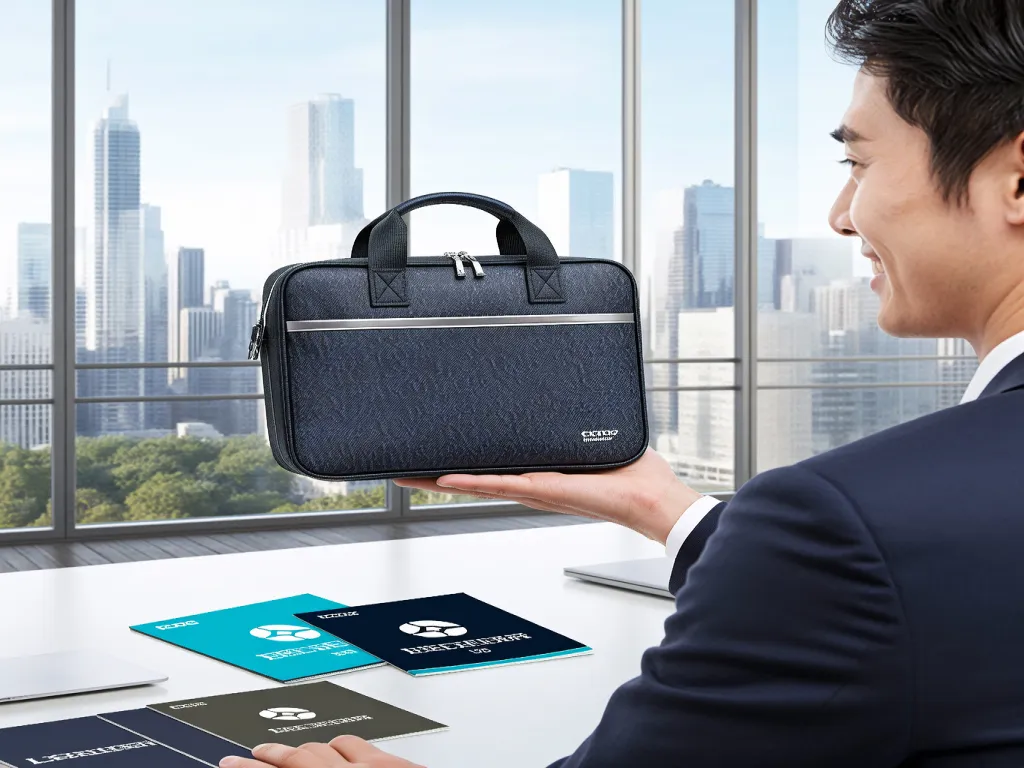 A businessman holds a black travel toiletry bag in an office setting