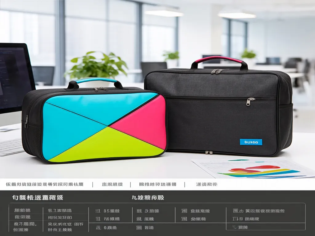 Colorful travel toiletry bags with specifications listed below