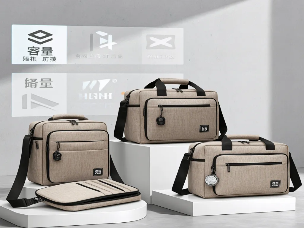 Crossbody bags for travel displayed on stands