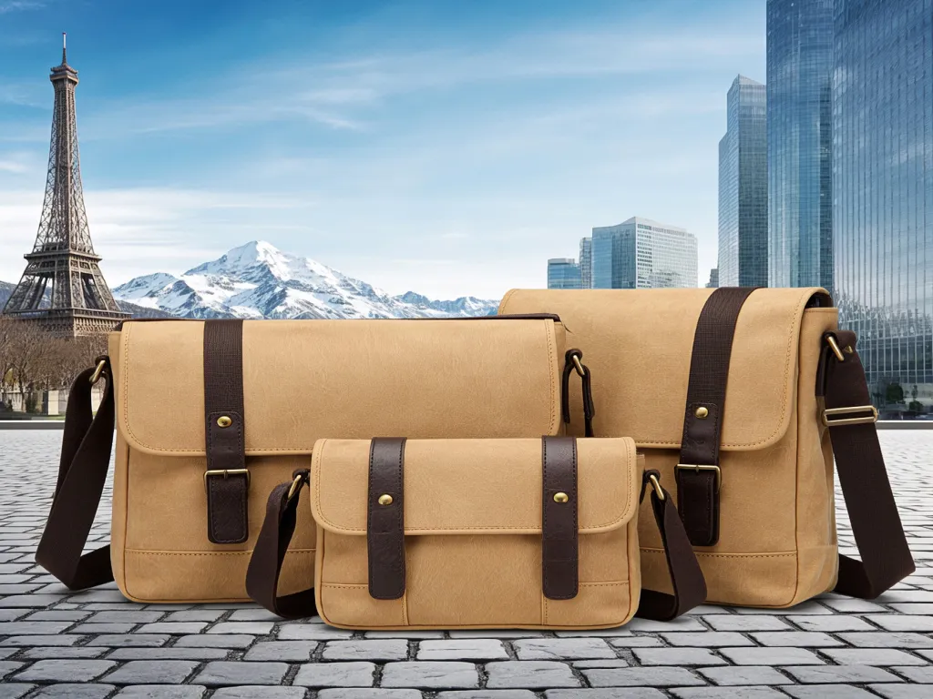 Crossbody bags displayed against a cityscape background