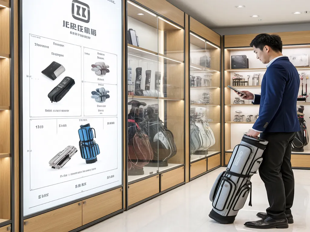 A man holding a golf travel bag in a store