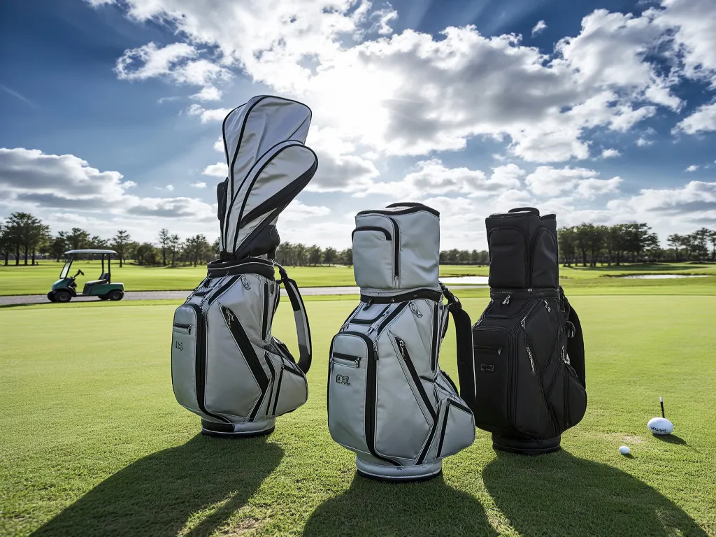 Golf travel bags placed on a golf course
