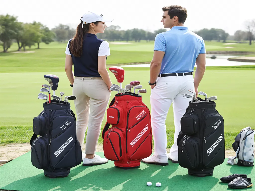 Golfers standing with their travel bags on a golf course