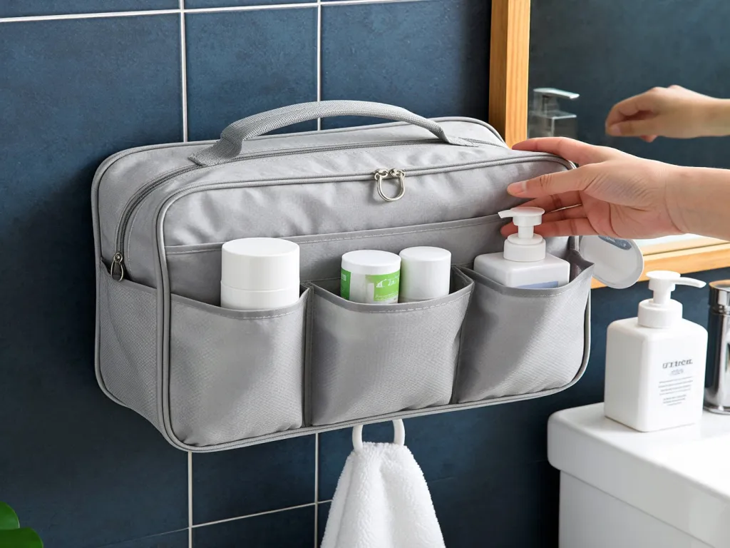 A grey travel toiletry bag hanging on a bathroom wall