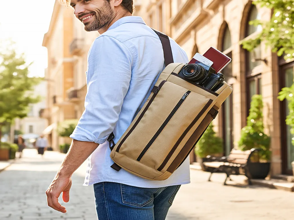 A man wearing a crossbody bag while travelling