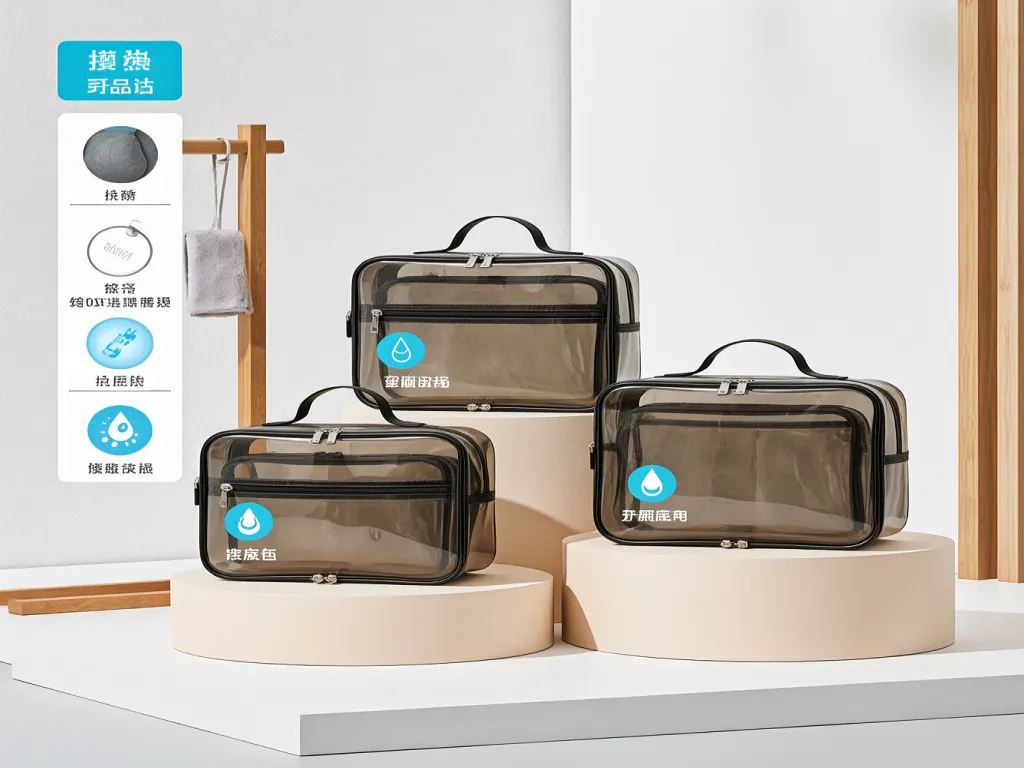 Transparent travel toiletry bags displayed on a white platform