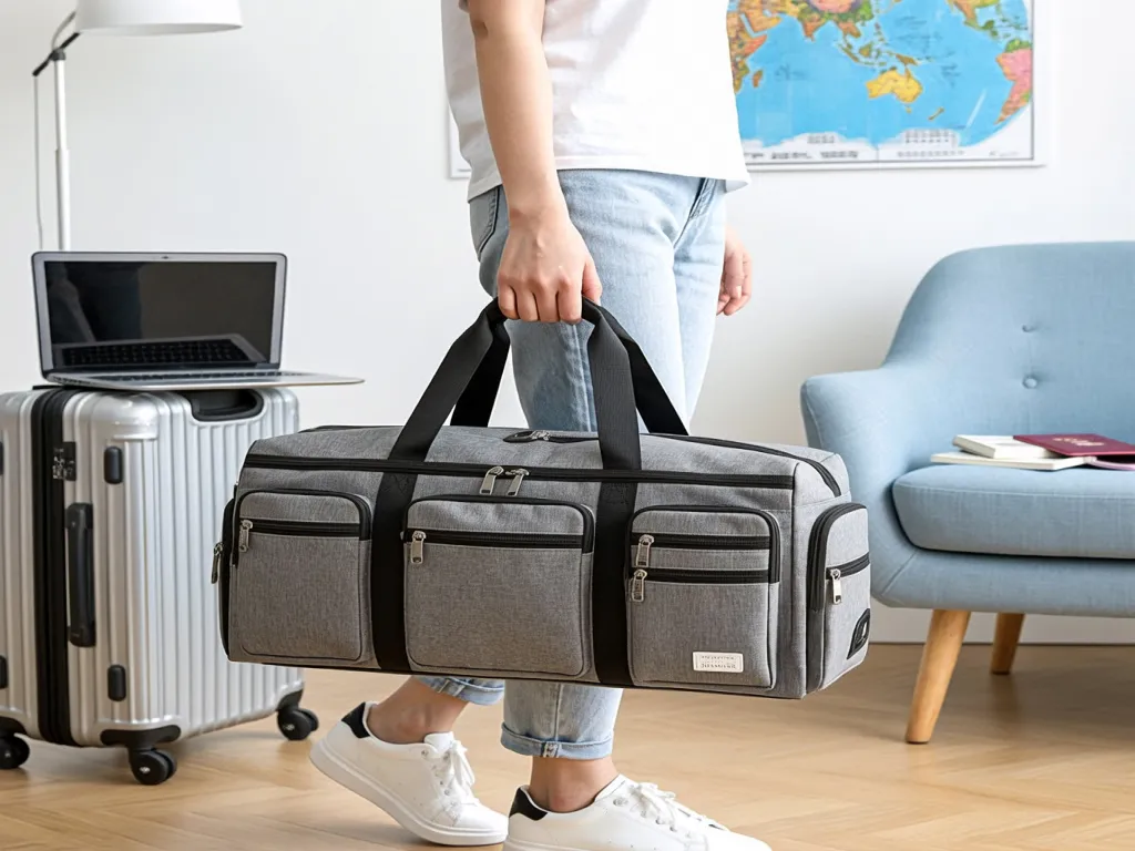 A woman carrying a grey travel bag