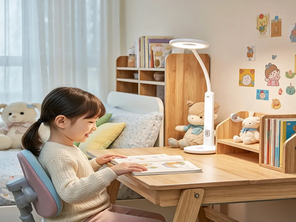 A child reading a book under a desk lamp
