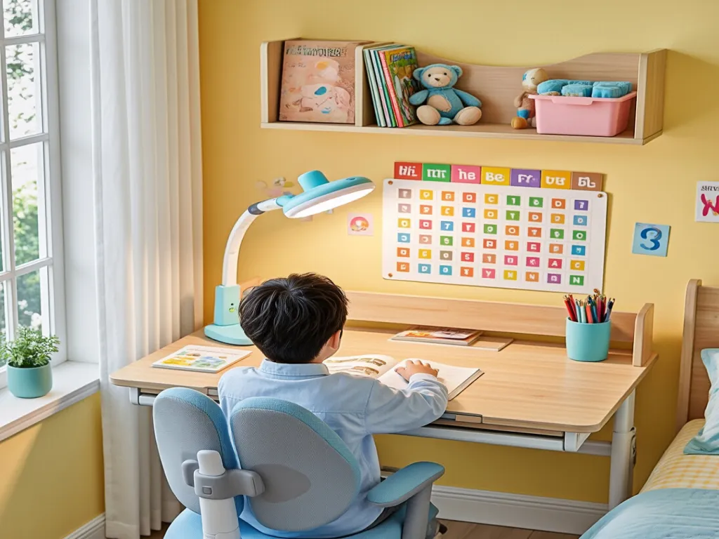 A child studying at a desk with a colorful children's desk lamp