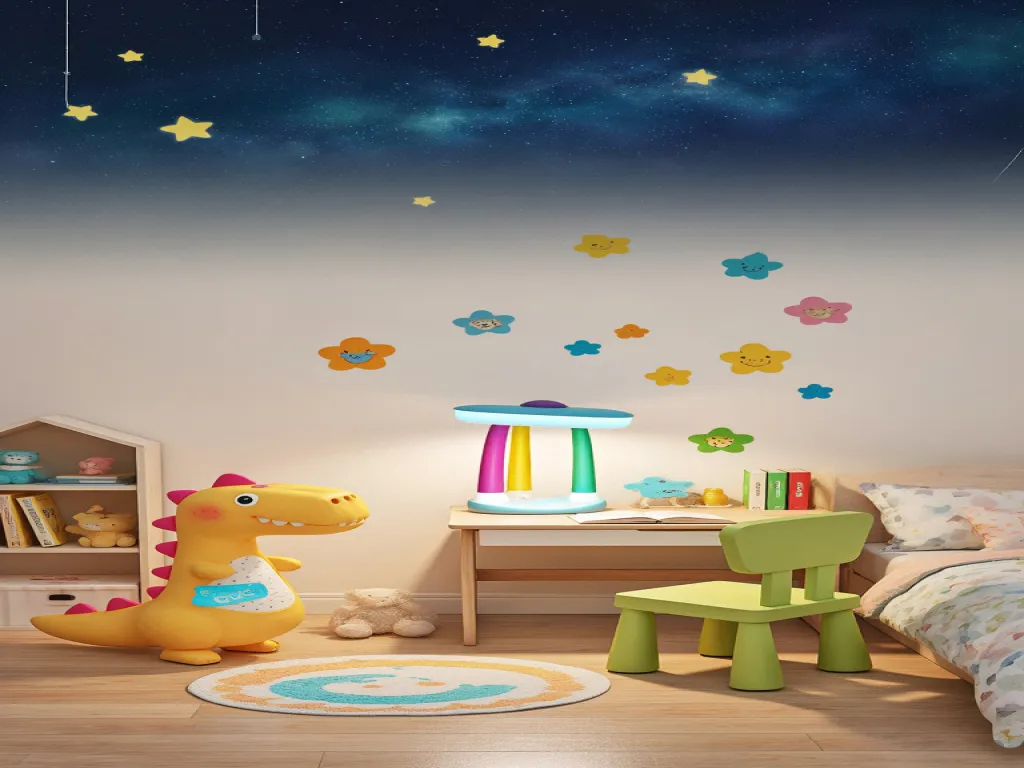 Colorful kids room with a fun, multicolored children's desk lamp