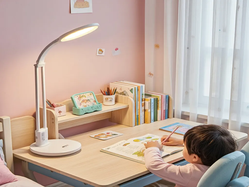 A kid studying at a desk with a lamp