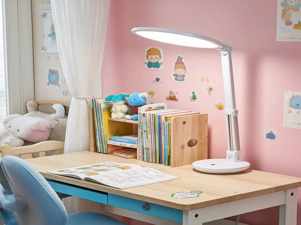 Kids desk with a bookshelf and a white children's desk lamp