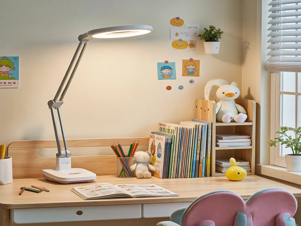 Modern kids room featuring a wooden desk with a children's desk lamp