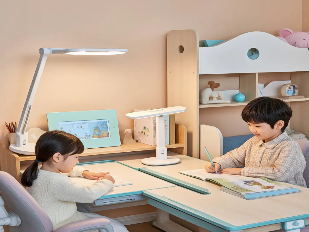 Siblings sharing a desk with a lamp
