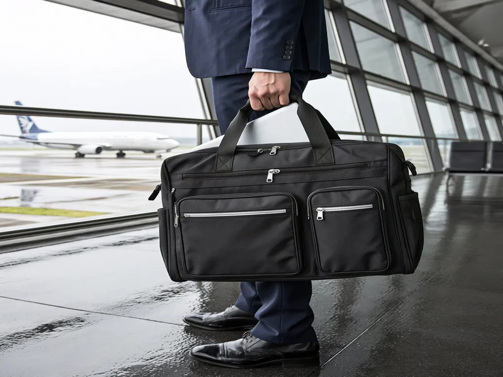 A man in a suit carrying a black travel bag at the airport