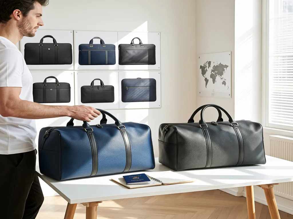 A man choosing a travel bag from a selection of stylish men's travel bags