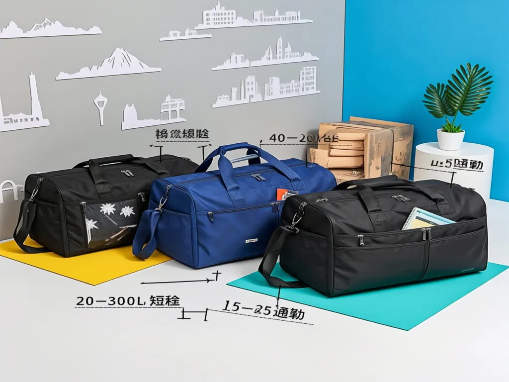 Travel bags with features labeled, showcasing capacity and design