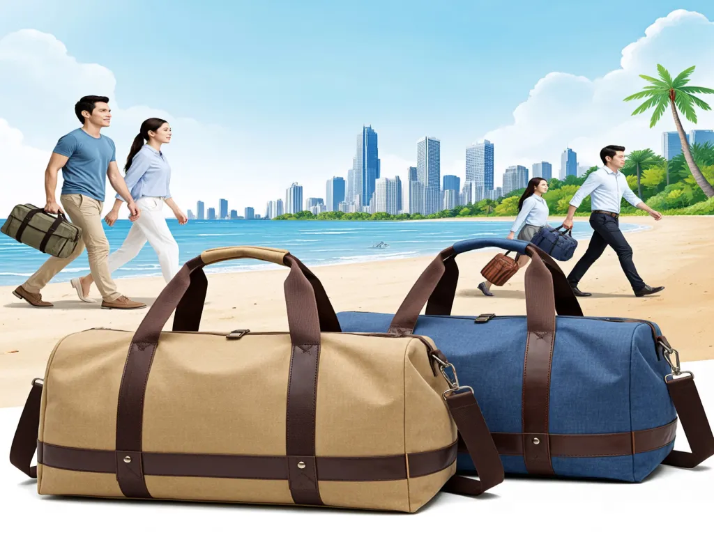 Travel bags placed on a beach with people walking in the background