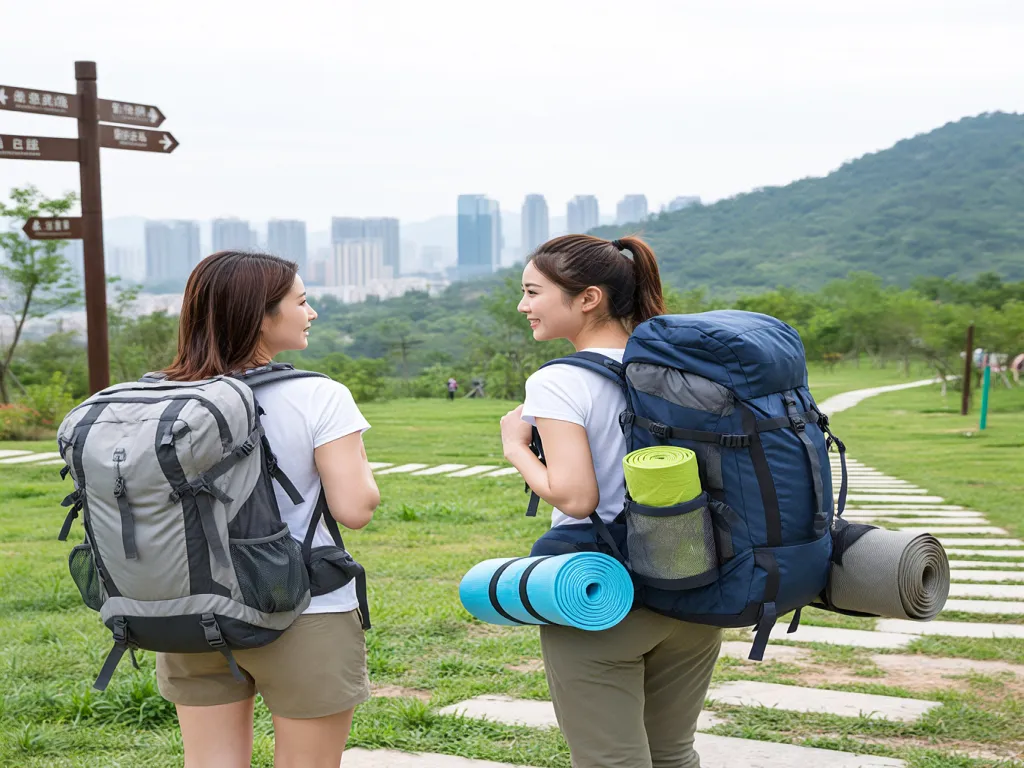 Two women hiking with large backpacks in a park