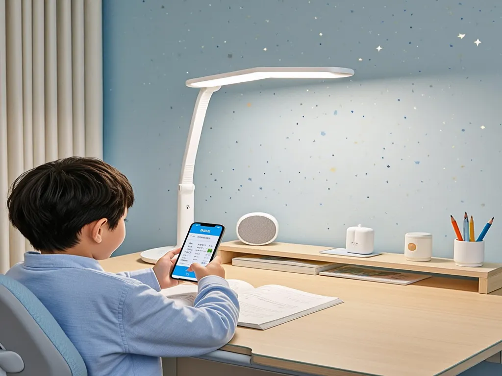 A child using a desk lamp for study or homework
