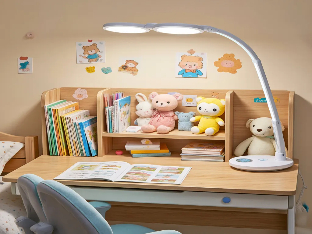 A desk lamp for children with toys and books on the desk
