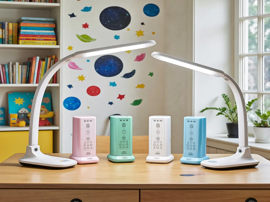 Colorful desk lamps for children on a wooden desk