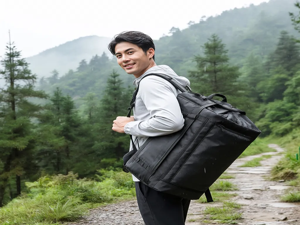 A man carrying a black travel bag on a hiking trail