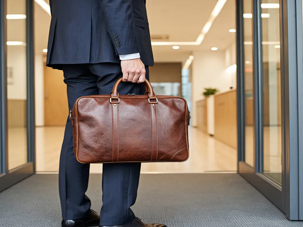 A man holding a brown leather travel bag in an office