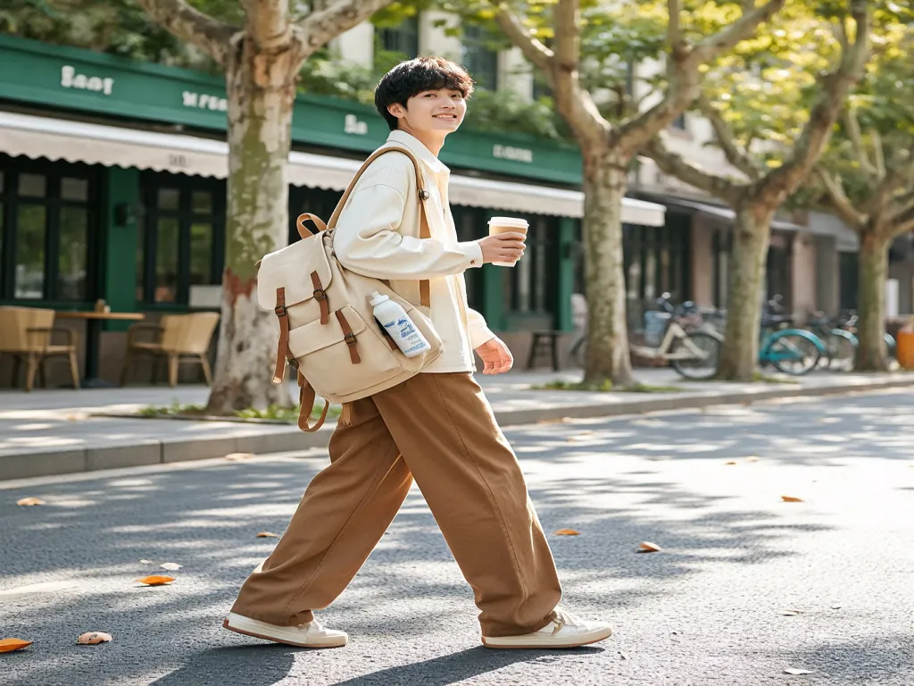 A man walking with a beige backpack in an urban setting