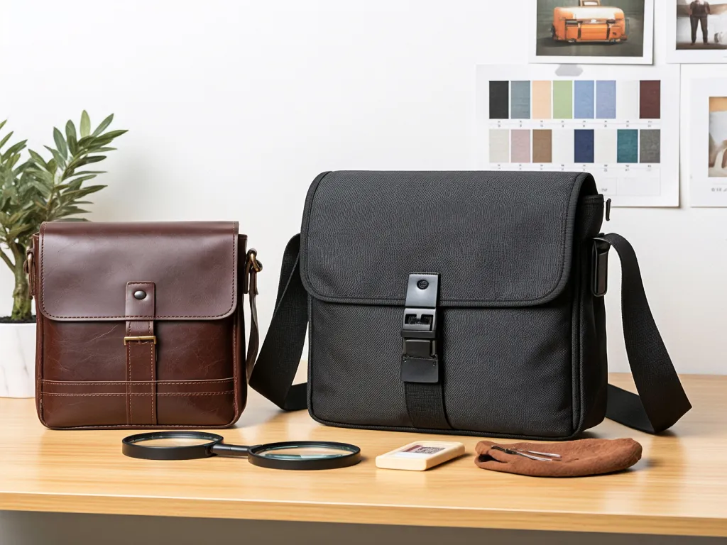 Black and brown travel crossbody bags on a table