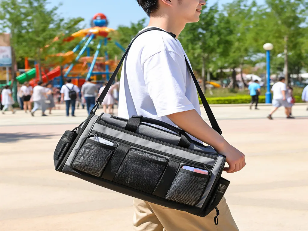 A man carrying a grey travel crossbody bag with multiple pockets