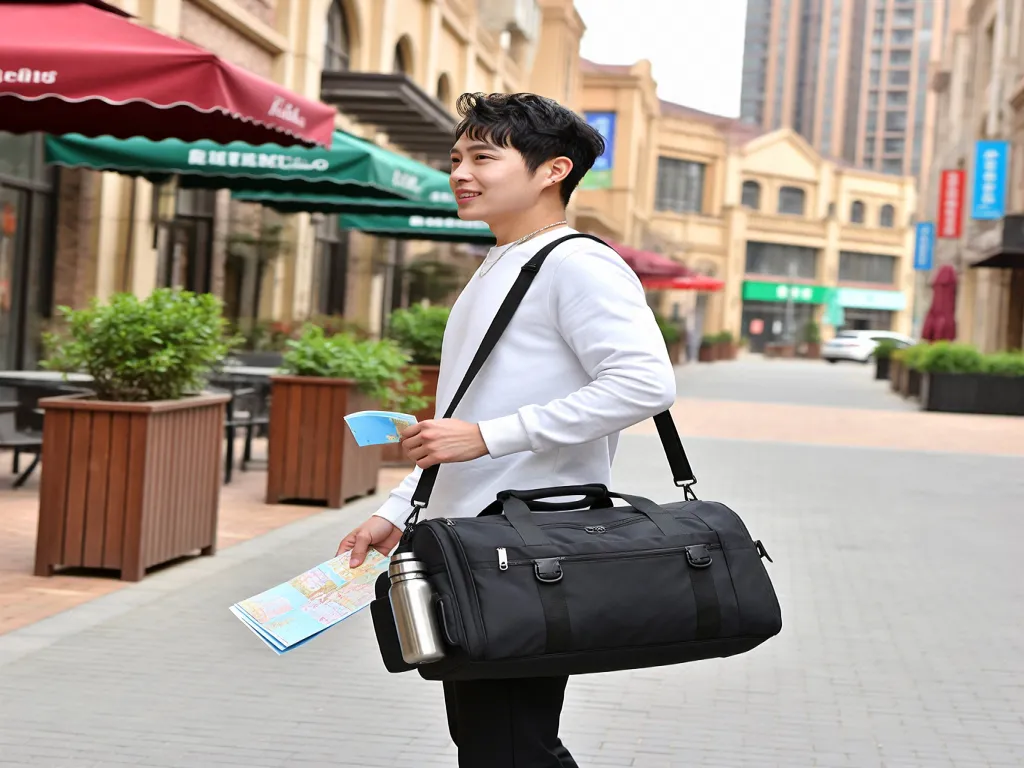 A man carrying a black travel crossbody bag