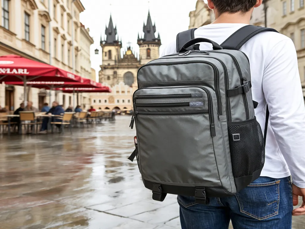 A man wearing a grey travel backpack