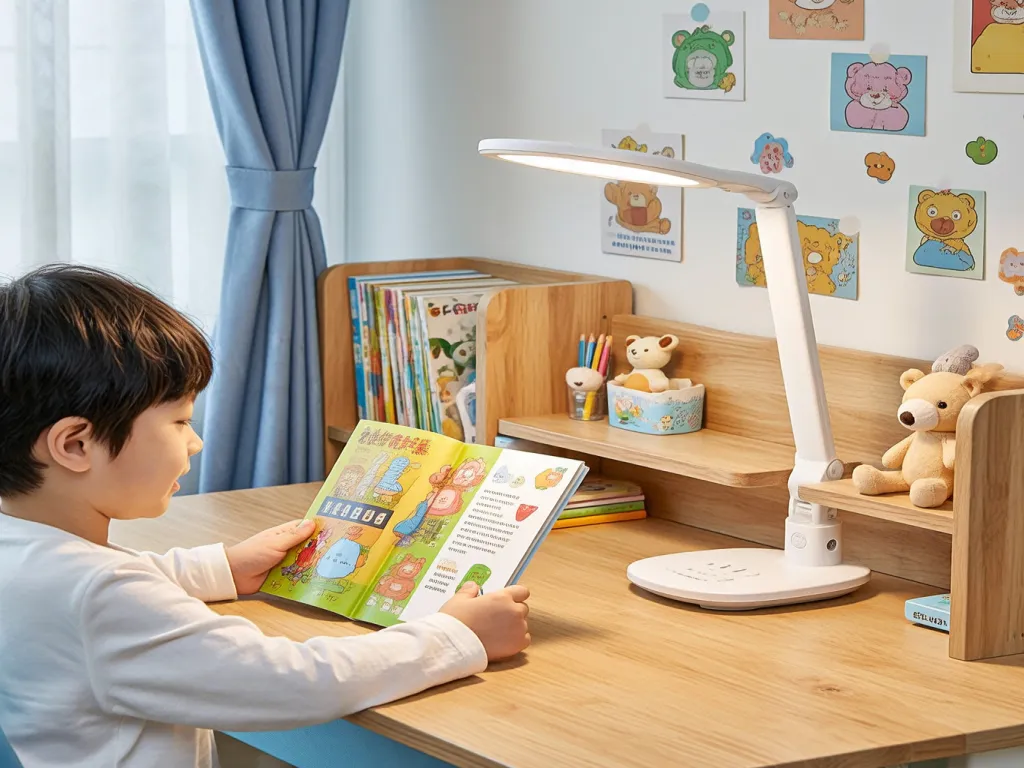 A child studying at a desk with a bright children desk lamp