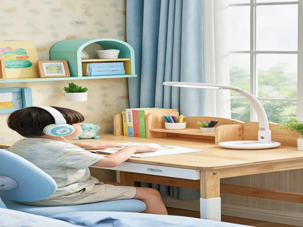 A child studying at a desk with a children desk lamp