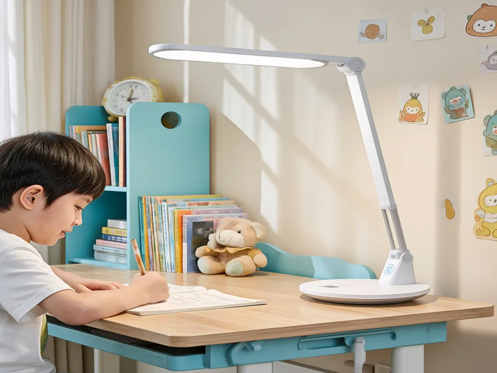 A child using a laptop with a yellow children desk lamp