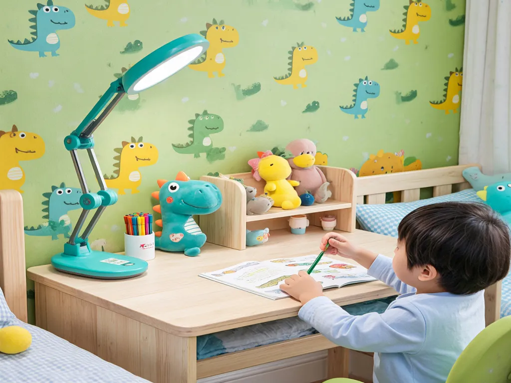 A kid drawing at a desk with a colorful children desk lamp