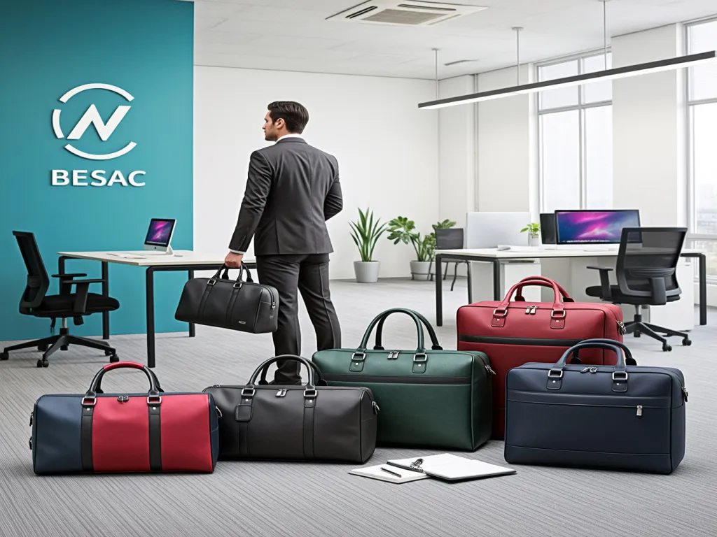 A man in a suit holds a travel duffel bag in an office setting, surrounded by various colored duffel bags.