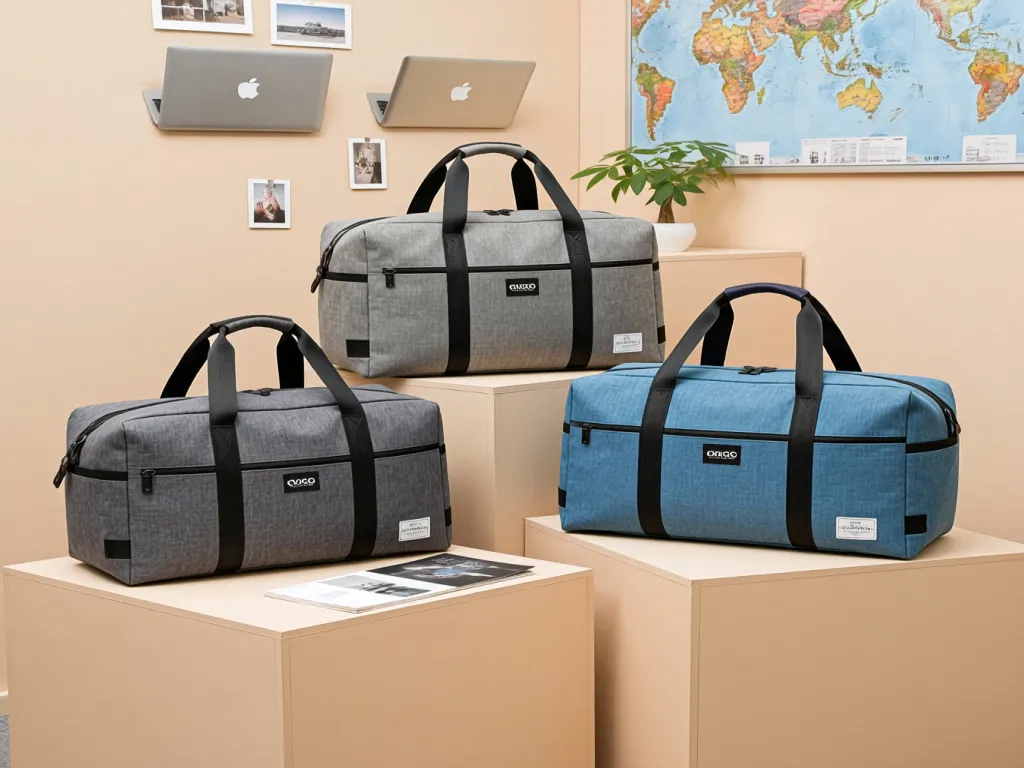 Travel duffel bags in gray and blue placed on beige cubes with a world map in the background.