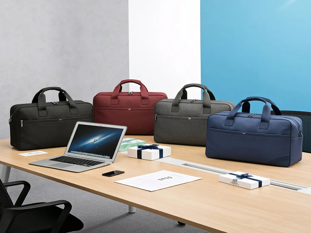 Travel duffel bags in various colors arranged on a wooden desk with laptops and gift boxes.