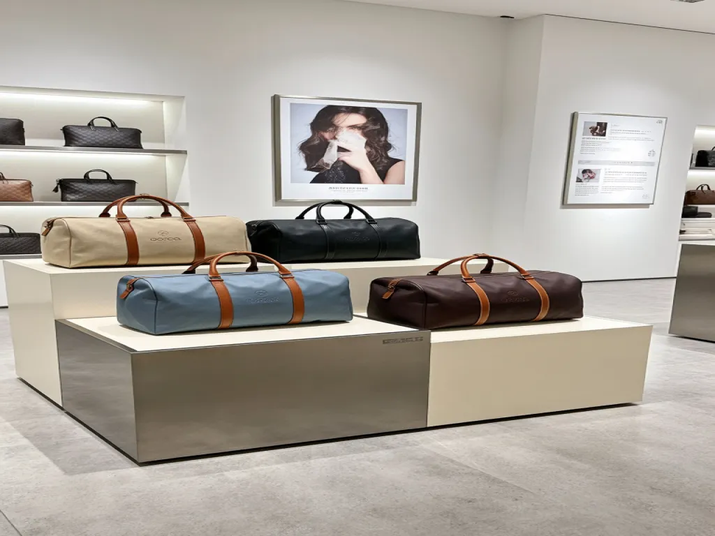 Travel duffel bags in different colors displayed on a white pedestal in a store.