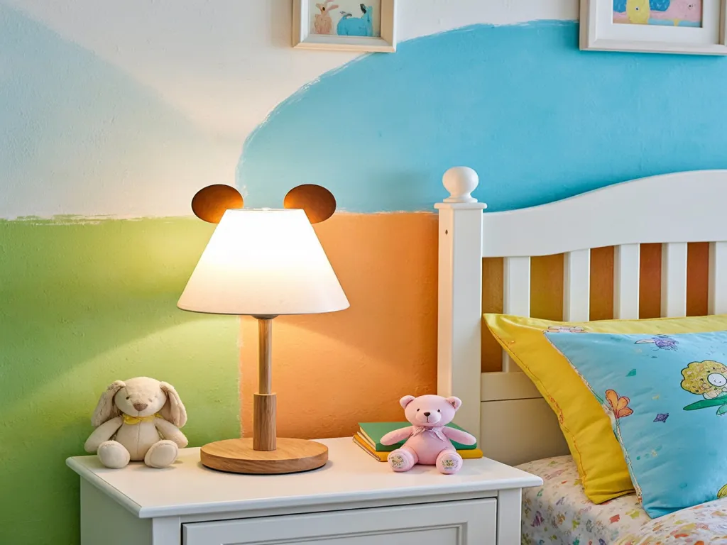 A desk lamp with cartoon animal ears in a colorful bedroom