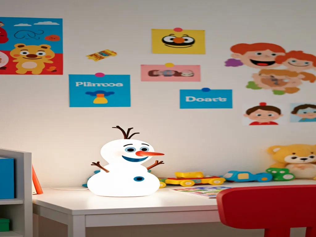 A cartoon snowman-shaped desk lamp on a desk